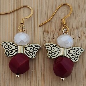 Hand Crafted White, Gold and Red Angel Wing Pierced Earrings Angel Drop
